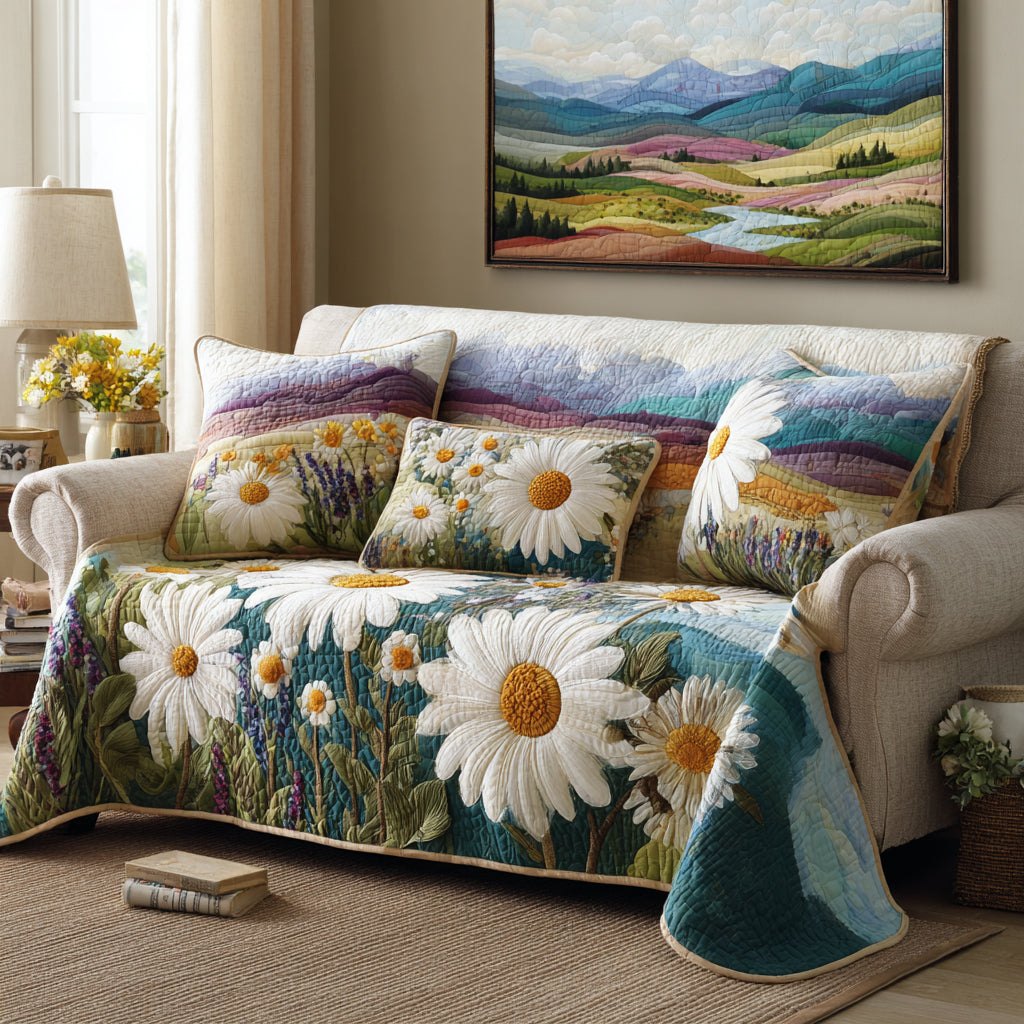 Big White Daisies on Lavender Sofa Cover