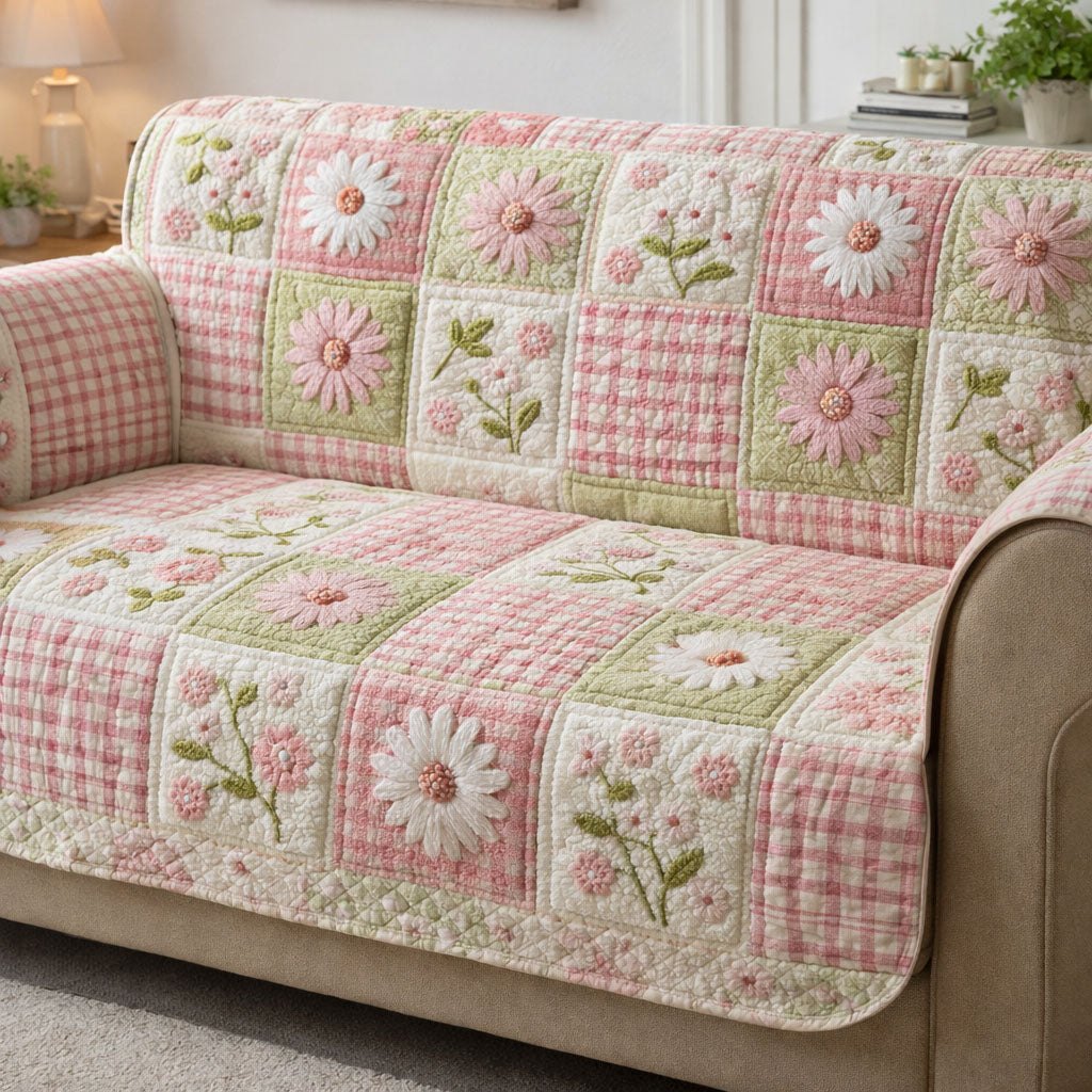 Pink Gingham Garden Squares Sofa Cover