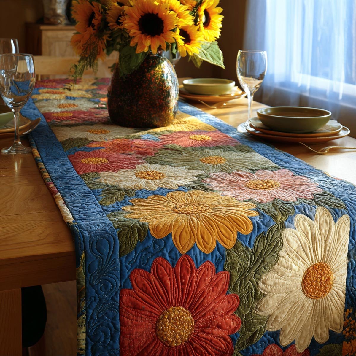 Bold Autumn Blooms on Blue Table Runner