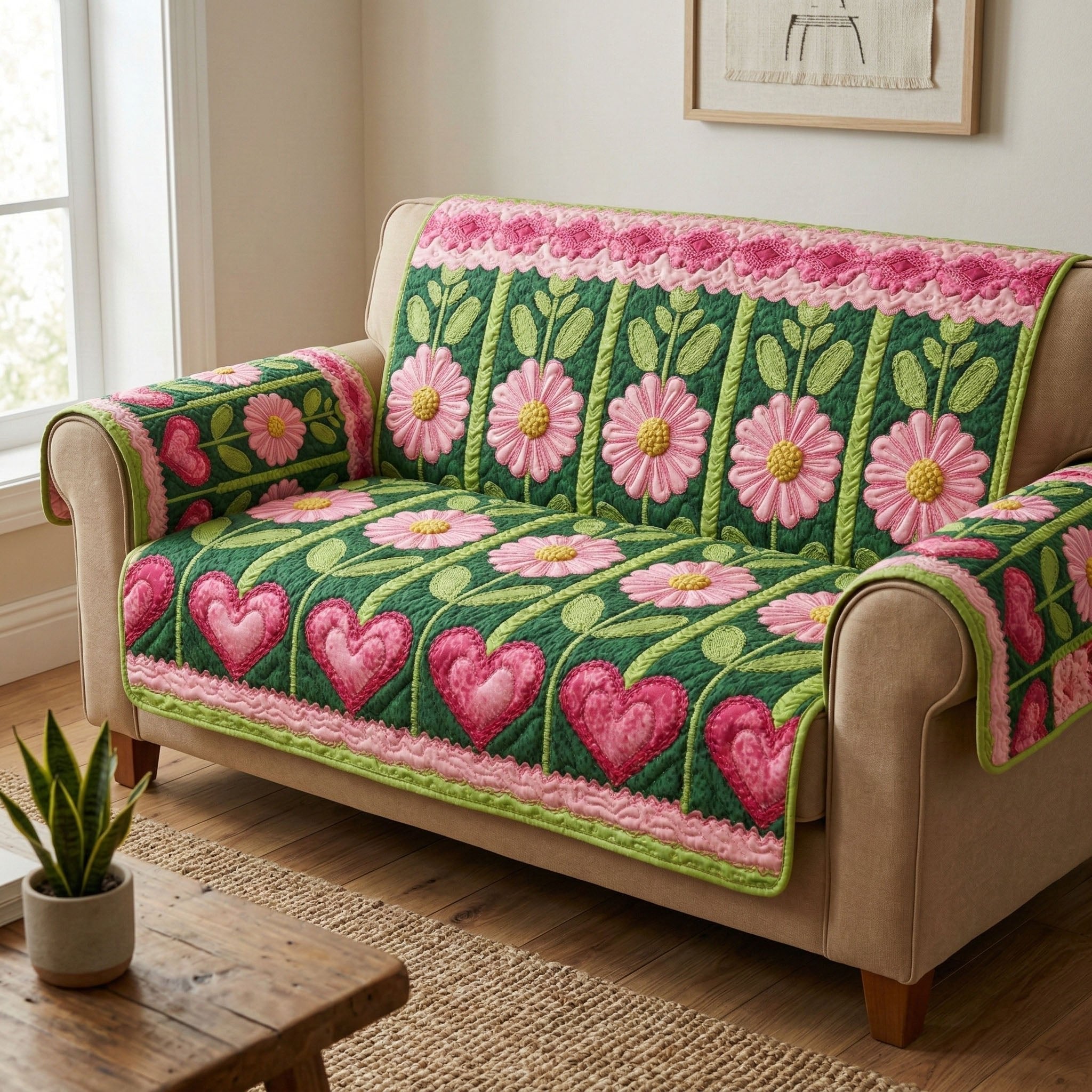 Pink Blooms and Hearts on Green Sofa Cover