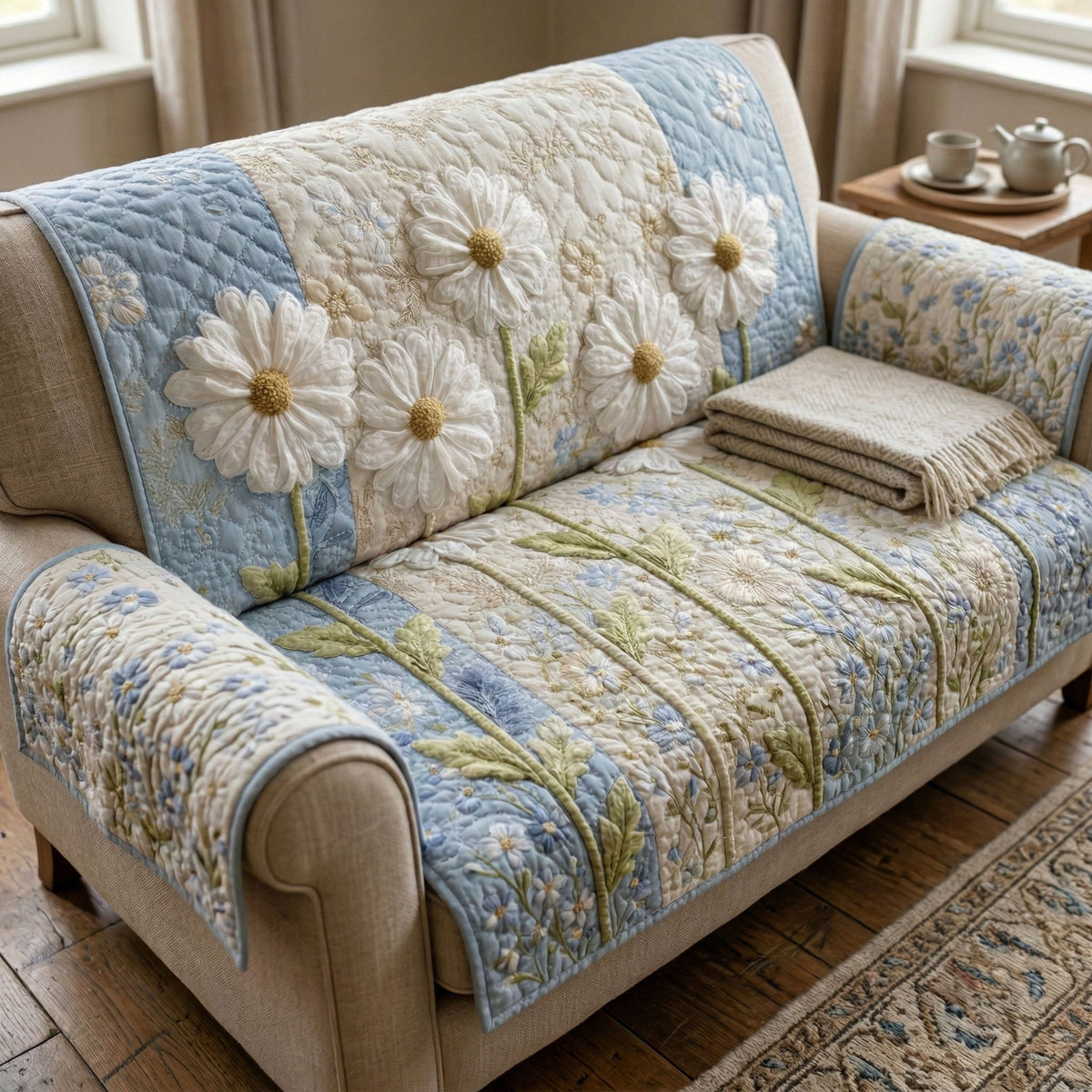 White Daisies on Pale Blue Field Sofa Cover