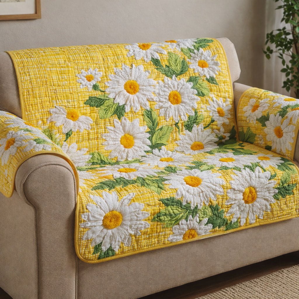 Daisies on Yellow Gingham Sofa Cover