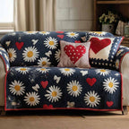 Daisies and Red Hearts on Navy Sofa Cover
