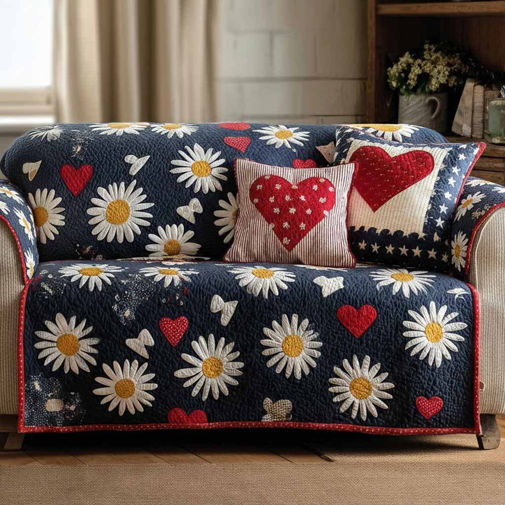 Daisies and Red Hearts on Navy Sofa Cover