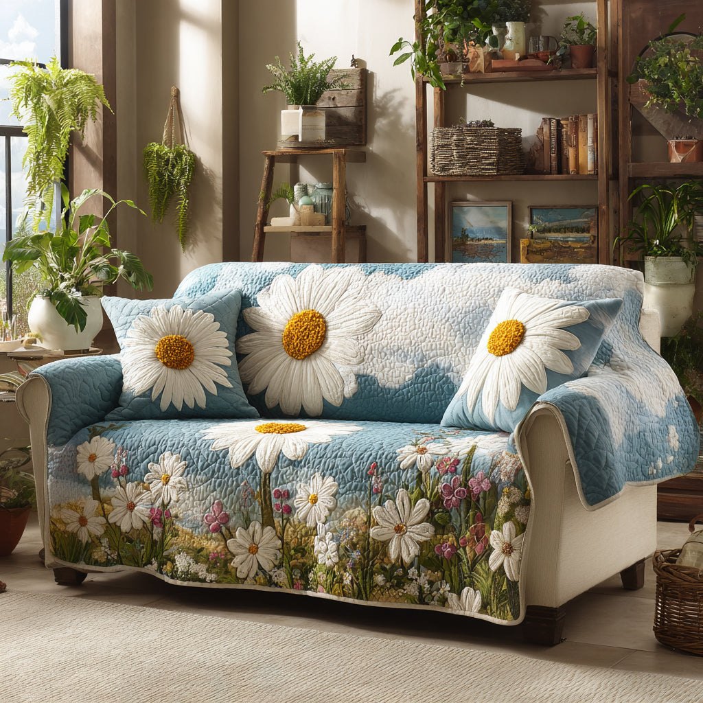 Daisy Meadow Under Blue Sky Sofa Cover