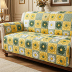 Daisies in Yellow and Green Checks Sofa Cover