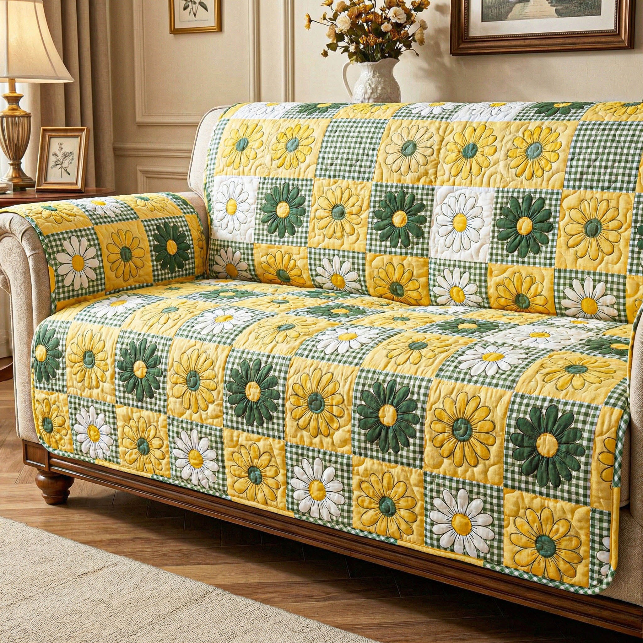 Daisies in Yellow and Green Checks Sofa Cover