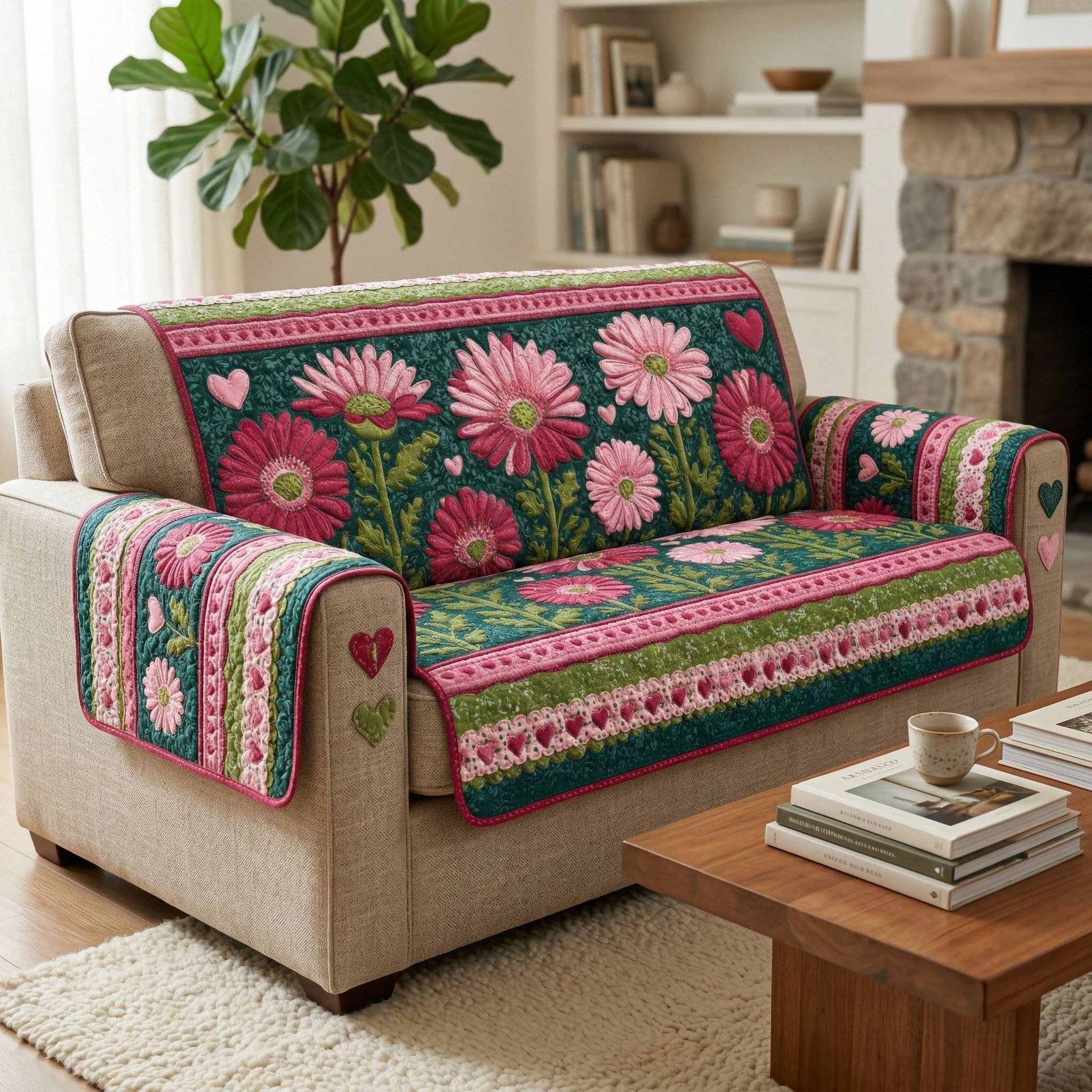 Pink Gerberas and Hearts on Green Sofa Cover