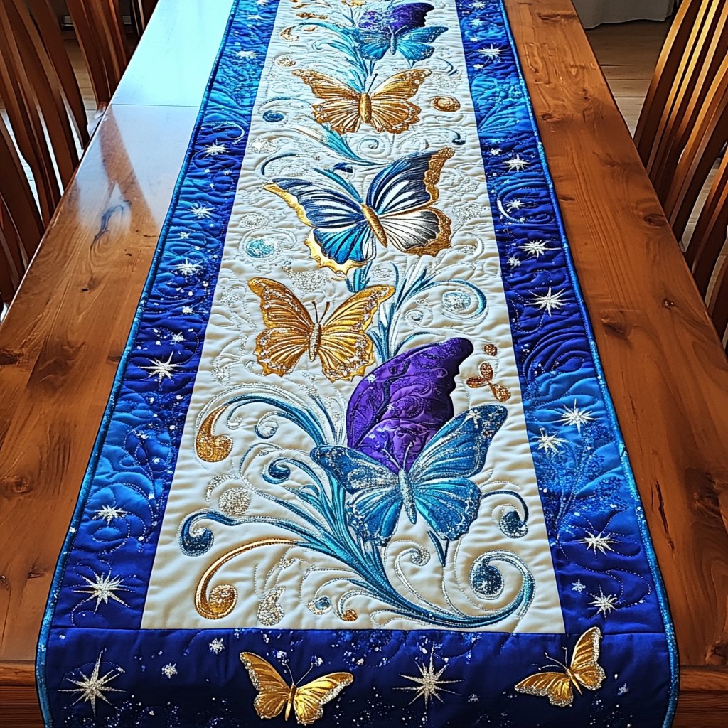 Blue Butterflies on Navy Swirls Table Runner