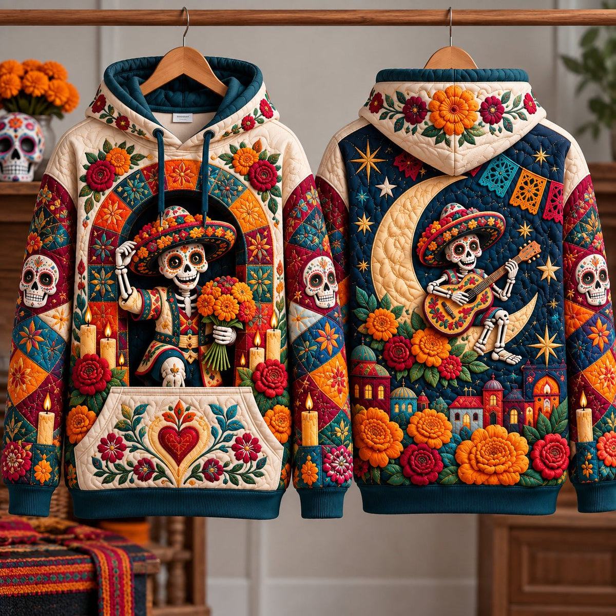 Day of the Dead Roses hoodie, all-over print