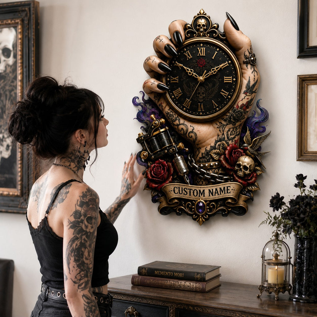 Tattoo hand Custom Name Wall Clock — personalized with a custom name