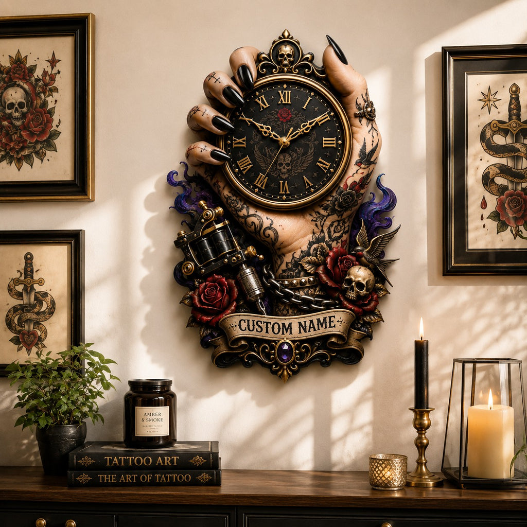 Tattoo hand Custom Name Wall Clock — personalized with a custom name