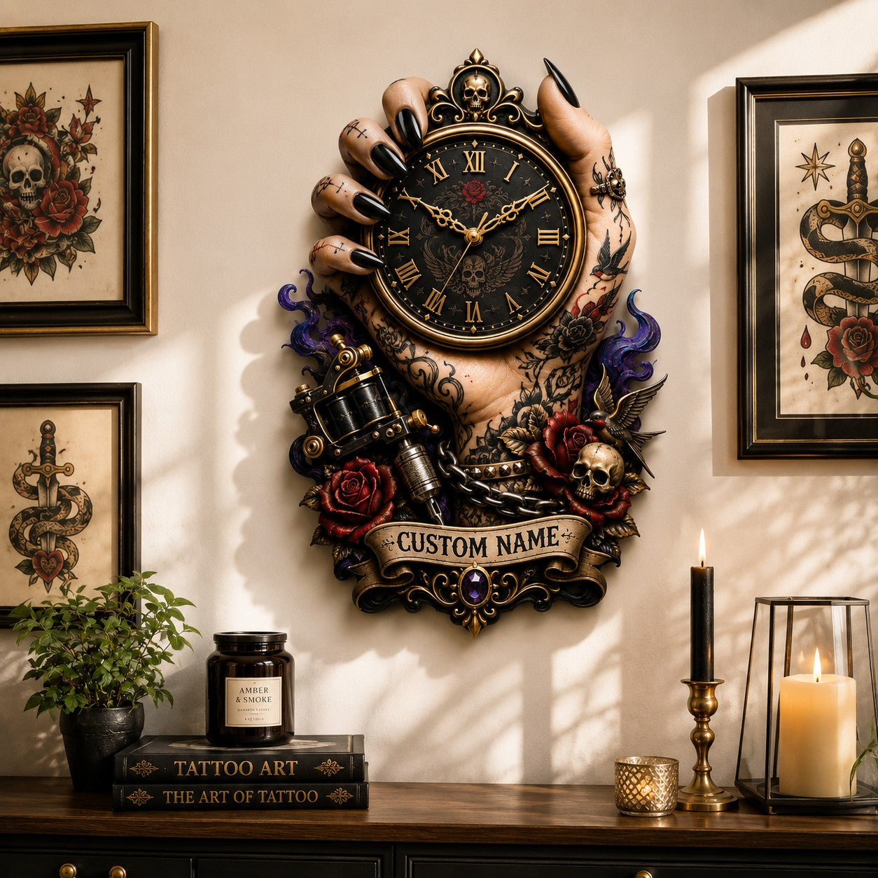 Tattoo hand Custom Name Wall Clock — personalized with a custom name