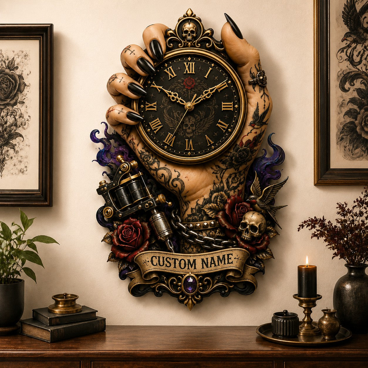 Tattoo hand Custom Name Wall Clock — personalized with a custom name