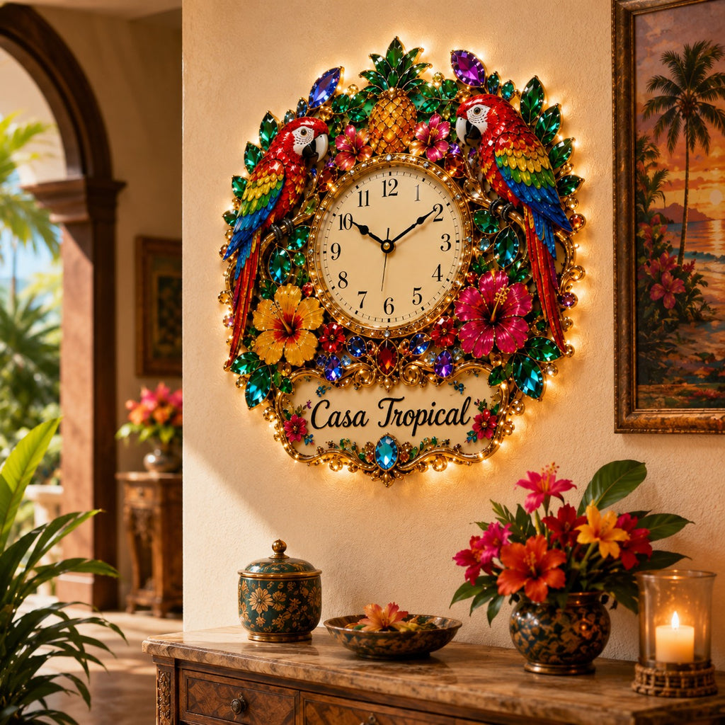 Tropical parrot Custom Name Wall Clock — personalized with a custom name