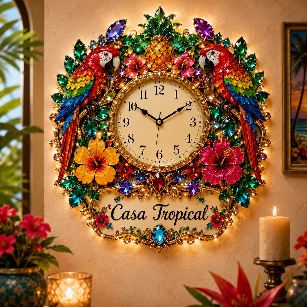 Tropical parrot Custom Name Wall Clock — personalized with a custom name