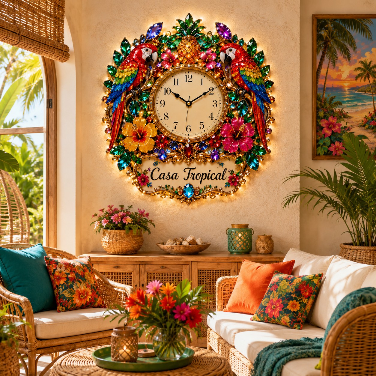 Tropical parrot Custom Name Wall Clock — personalized with a custom name