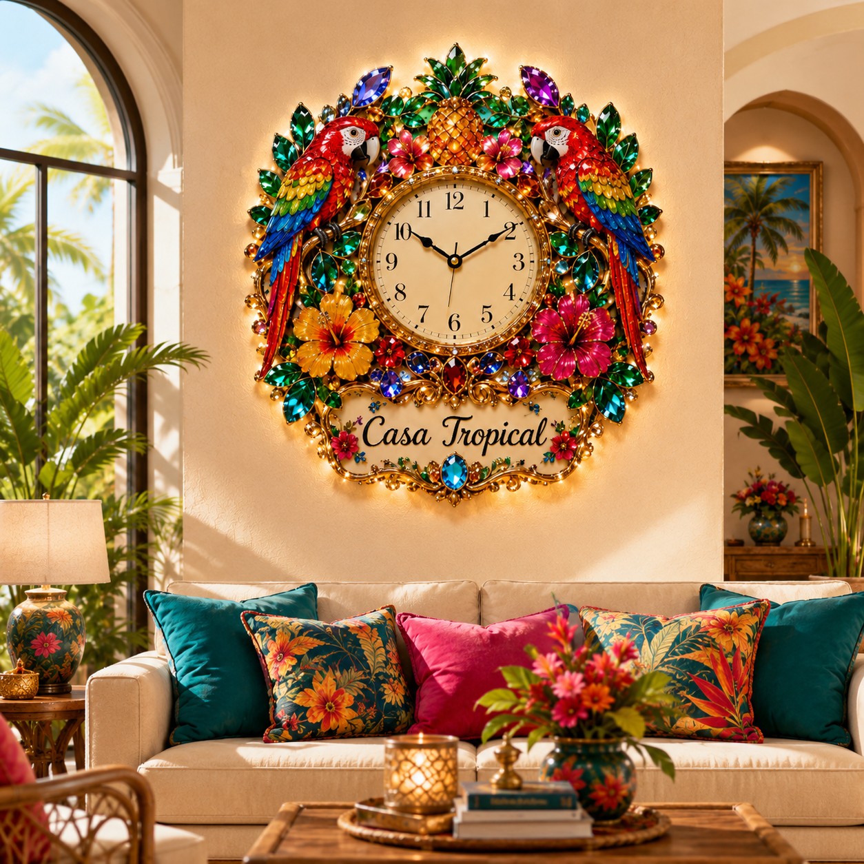 Tropical parrot Custom Name Wall Clock — personalized with a custom name