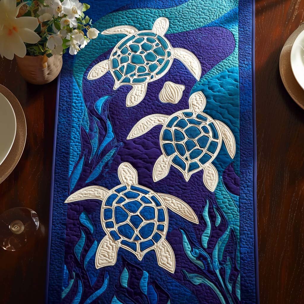 Sea Turtles on Deep Blue Table Runner