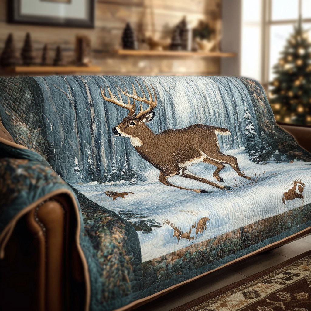 Deer Running Through Snowy Woods Sofa Cover