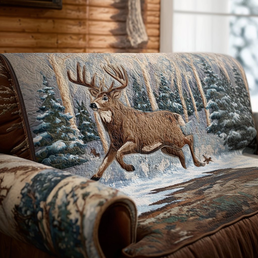 Deer in the Winter Pine Forest Sofa Cover