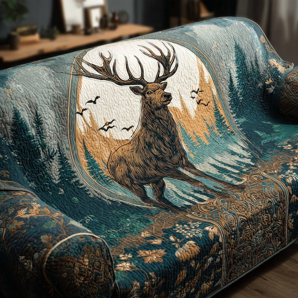 Elk Head Above the Teal Forest Sofa Cover