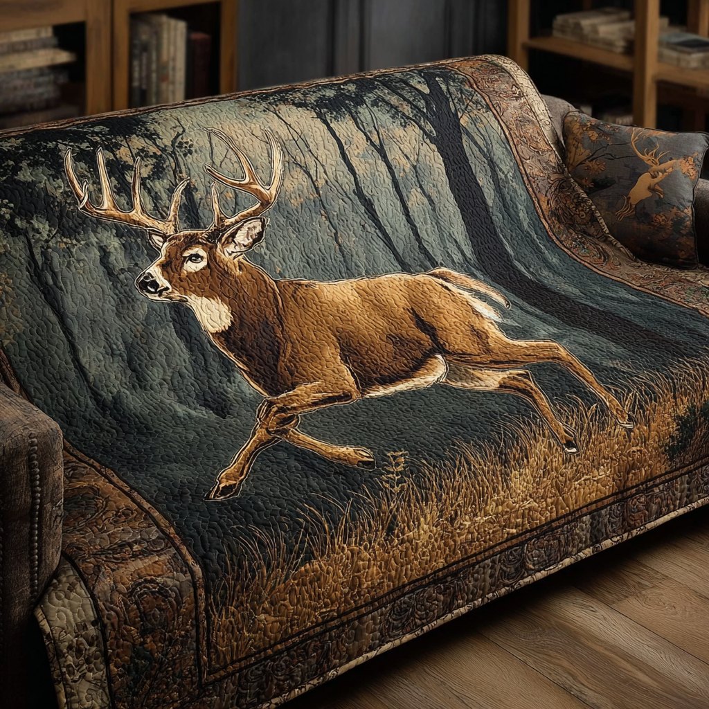 Bounding Deer on Forest Denim Sofa Cover