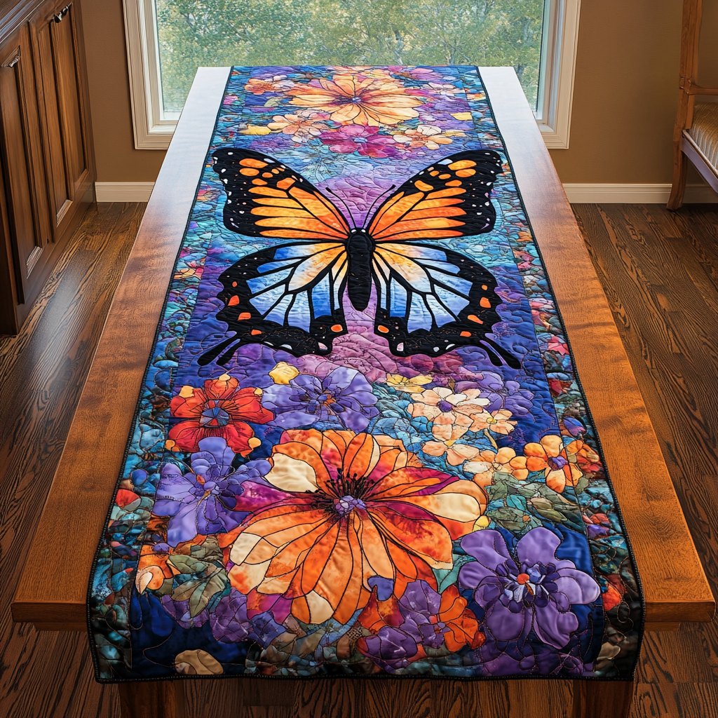 Butterfly with Purple and Orange Blooms Table Runner
