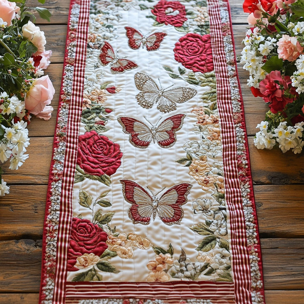 Butterflies and Roses on Red Stripes Table Runner