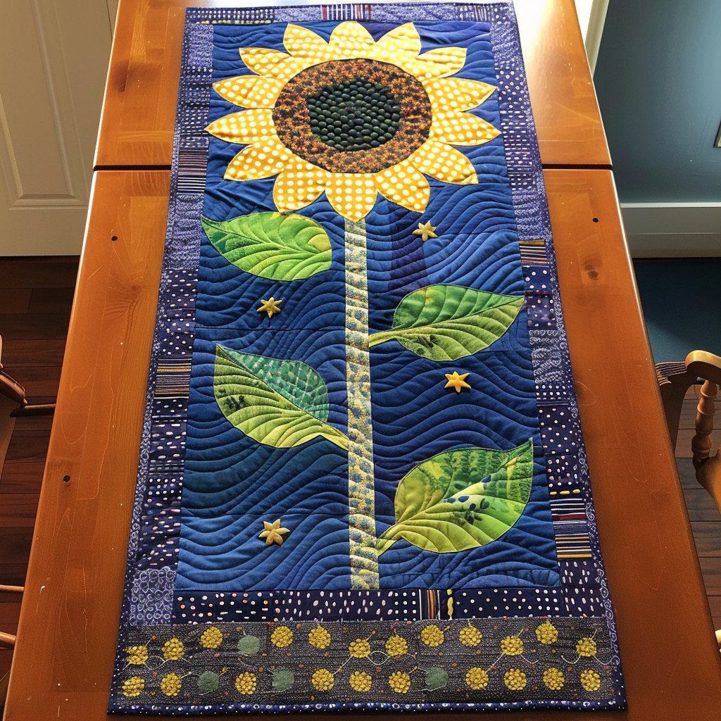 Folk Sunflower Stalk on Navy Table Runner