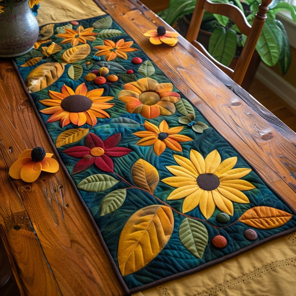 Sunflowers with Bold Green Leaves Table Runner