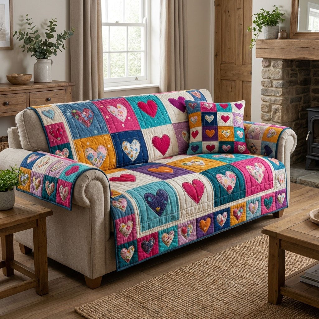 Bright Hearts in Rainbow Squares Sofa Cover