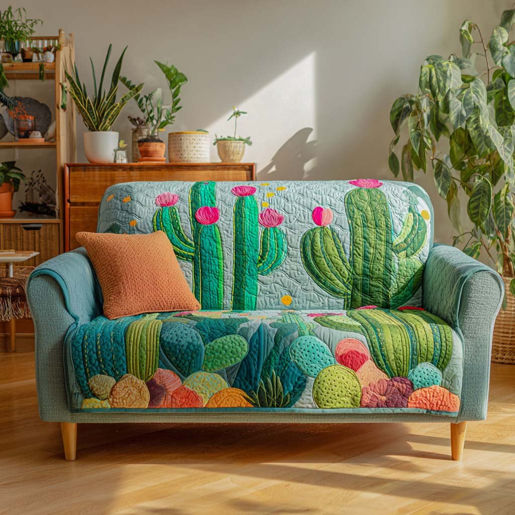 Green Cactus Garden on Teal Sofa Cover