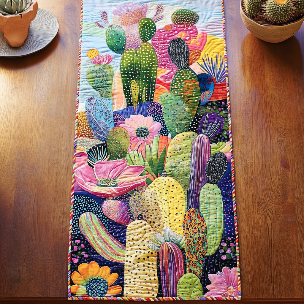 Cacti with Pink Flowers on Navy Table Runner