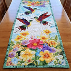 Hummingbirds with Bright Garden Flowers Table Runner