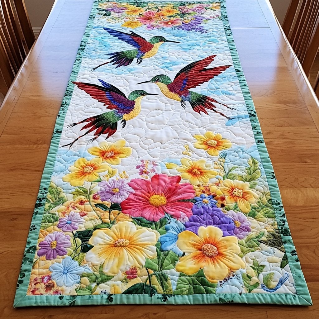 Hummingbirds with Bright Garden Flowers Table Runner