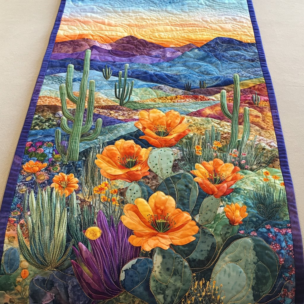 Desert Cacti with Orange Poppies Table Runner