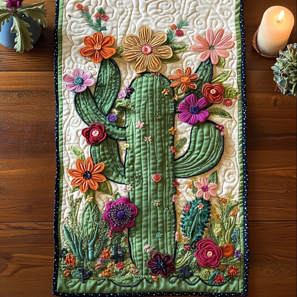 Cacti with Pink Blooms on Cream Table Runner
