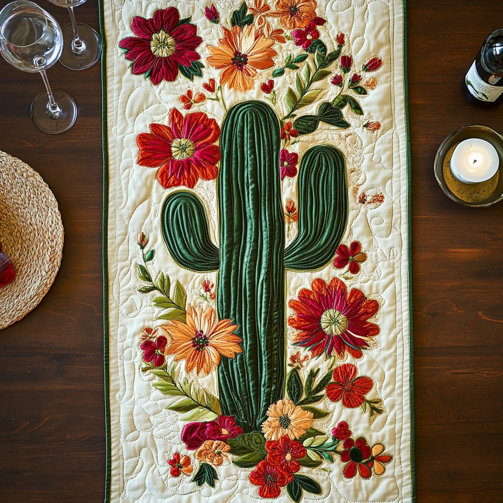 Green Cactus with Red Flowers Table Runner