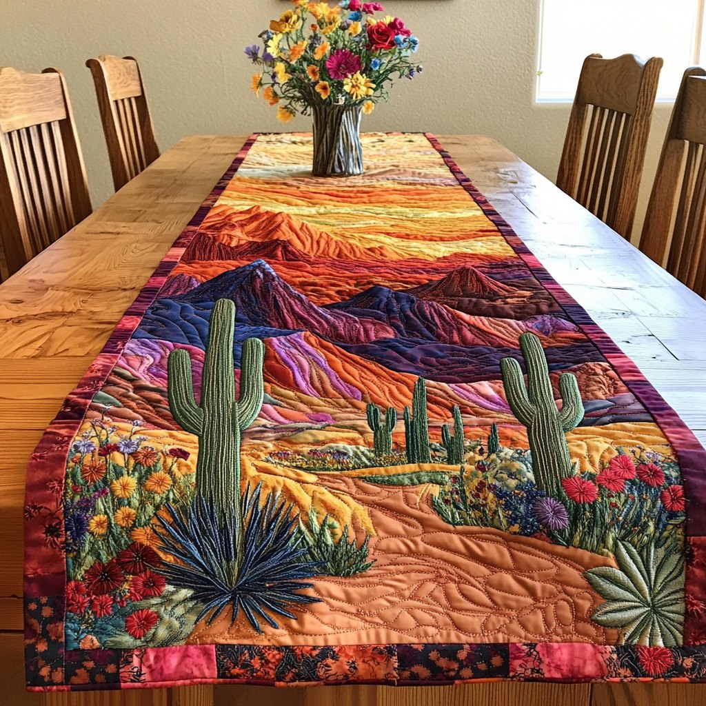 Purple Desert Mountains with Cacti Table Runner