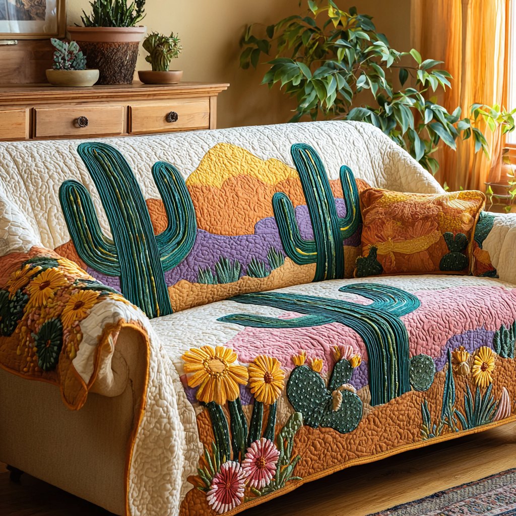 Tall Cacti Before Pastel Mountains Sofa Cover