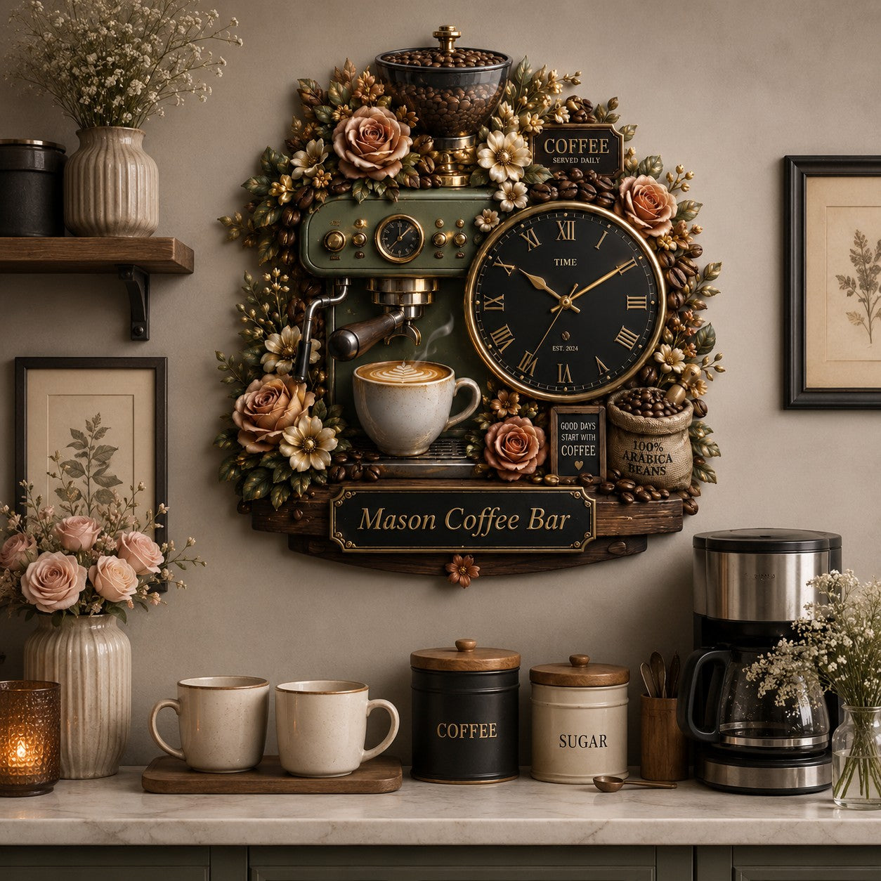 Coffee bar clock — personalized with a custom name