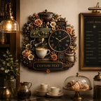 Personalized Coffee Bar Wall Clock with a custom name set into the design