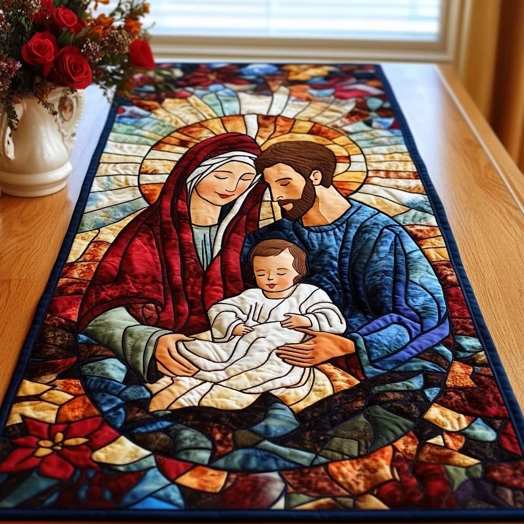 Divine Embrace Stained Glass Holy Family Table Runner