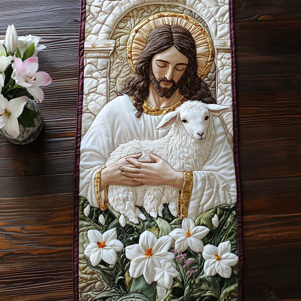 Shepherd Holding a Lamb with Lilies Table Runner