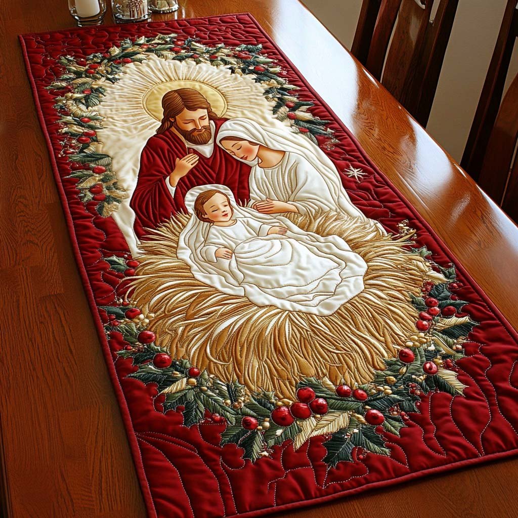Baby in the Manger with Red Border Table Runner