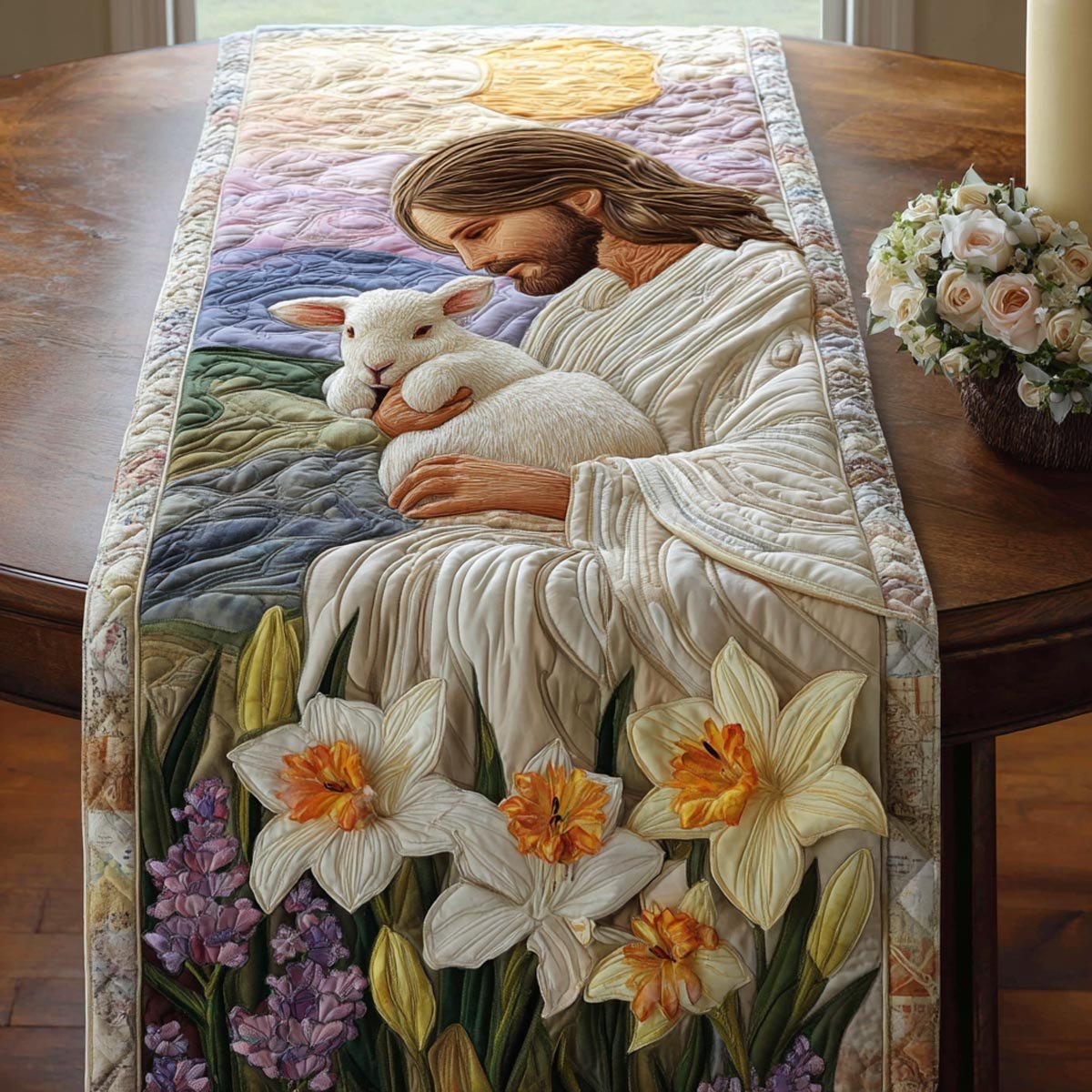Figure Holding a Lamb with Daffodils Table Runner