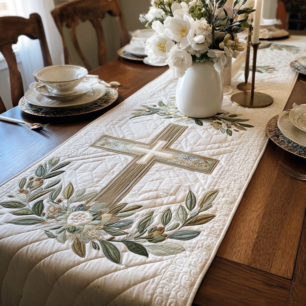 White Cross with Olive Branches Table Runner