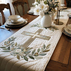 White Cross with Olive Branches Table Runner