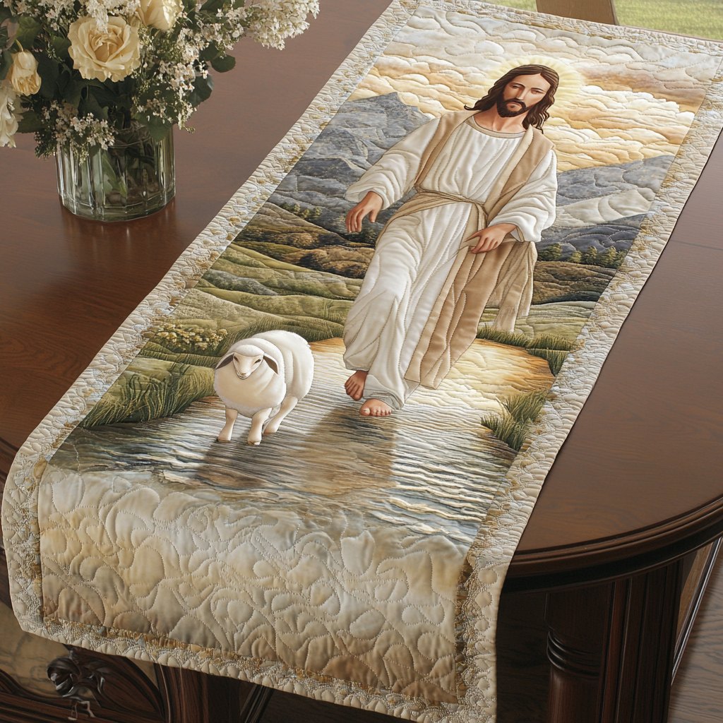 White Robed Figure Walking with a Lamb Table Runner